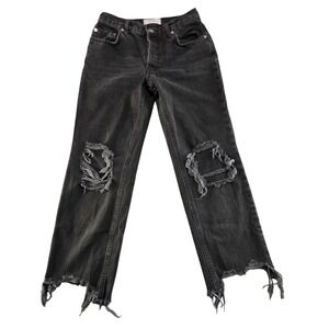 WE THE FREE Black Distressed Denim Straight Jeans Size 25 Cropped Raw Hem Grunge